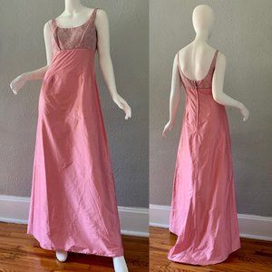 NOS Vintage WEDDING Pink SILK Empire Bridal DAMASK Formal Prom Dress XS